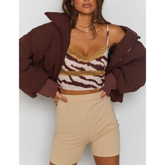 Women's Puffer Jacket Oversized Cropped Puffy Quilted Jackets Coat Chocolate - Picture 3 of 7